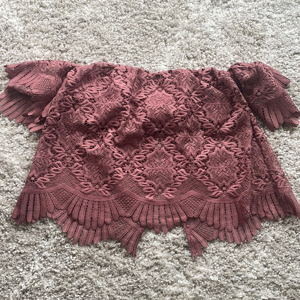 Revolve off the shoulder lace dark nude pink crop top